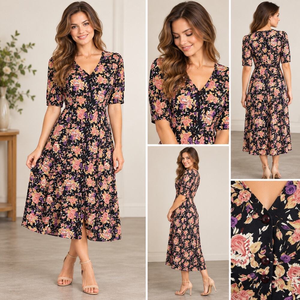 Paris Sport Club Vintage 90s Womens Prairie Floral Button Front Midi Shirt Dress
